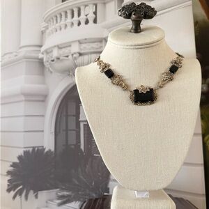 Antique Art Nouveau Sterling Silver & Onyx Lotus Flower Necklace